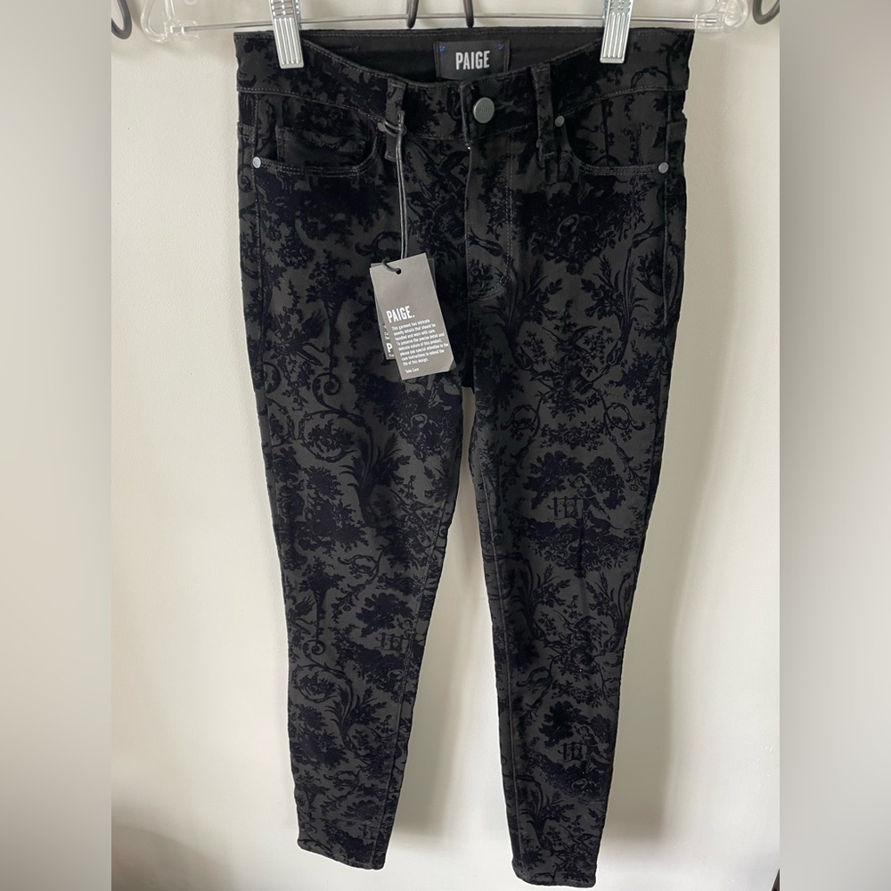 NEW PAIGE Hoxton Ankle Black Flocked Versailles Womens Skinny Denim Pants Sz 25 - Picture 3 of 10